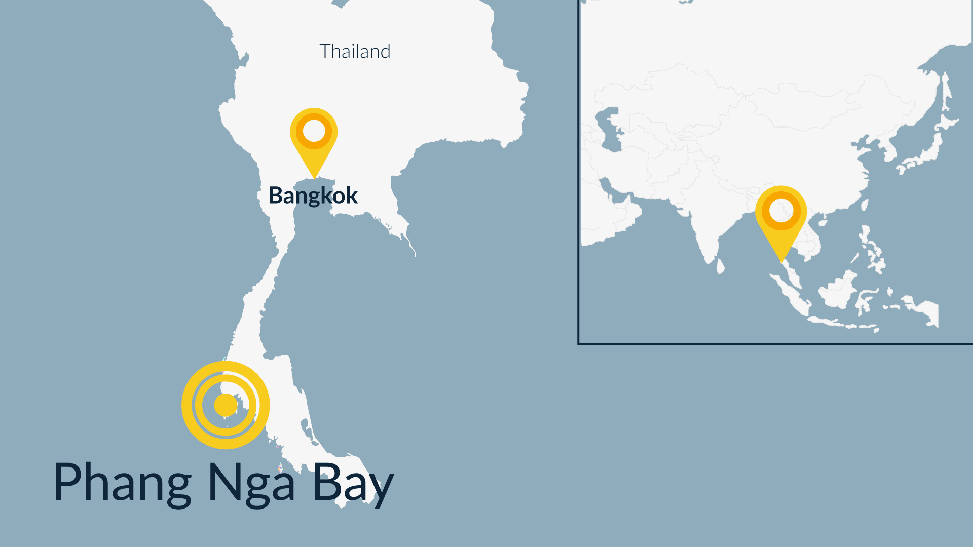 Illustrated map highlighting Thailand's popular sailing destination, Phang Nga Bay, clearly marked with a bright yellow location pin, along with Bangkok for geographical reference