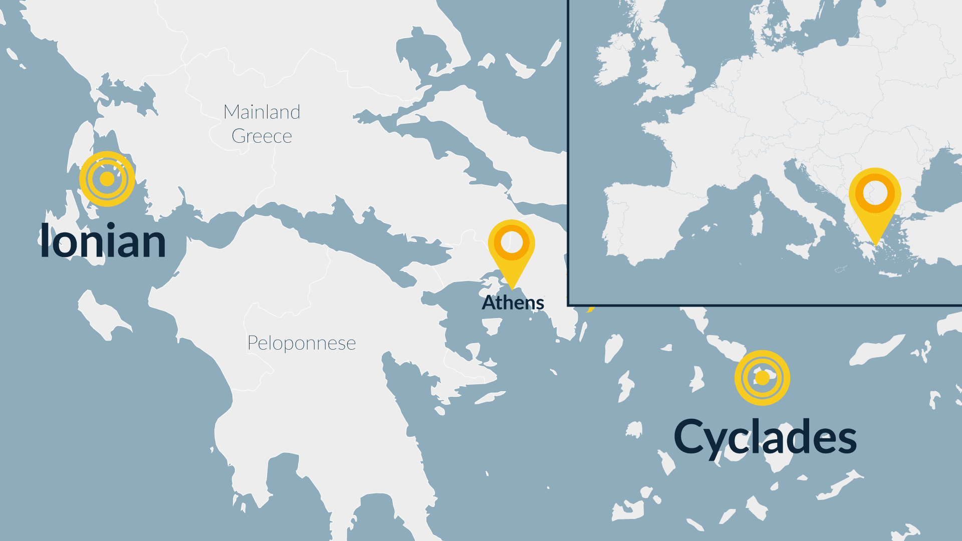 Illustrated map highlighting popular sailing areas in Greece, including the Ionian Islands, Athens, and the Cyclades, marked clearly with bright yellow location pins